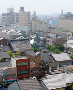 街中にある高岡大仏の遠景画像